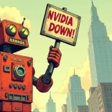 Ilustración de un robot rojo sosteniendo un cartel que dice 'NVIDIA DOWN!' en una ciudad con rascacielos al fondo, representando el impacto de DeepSeek en el mercado tecnológico.